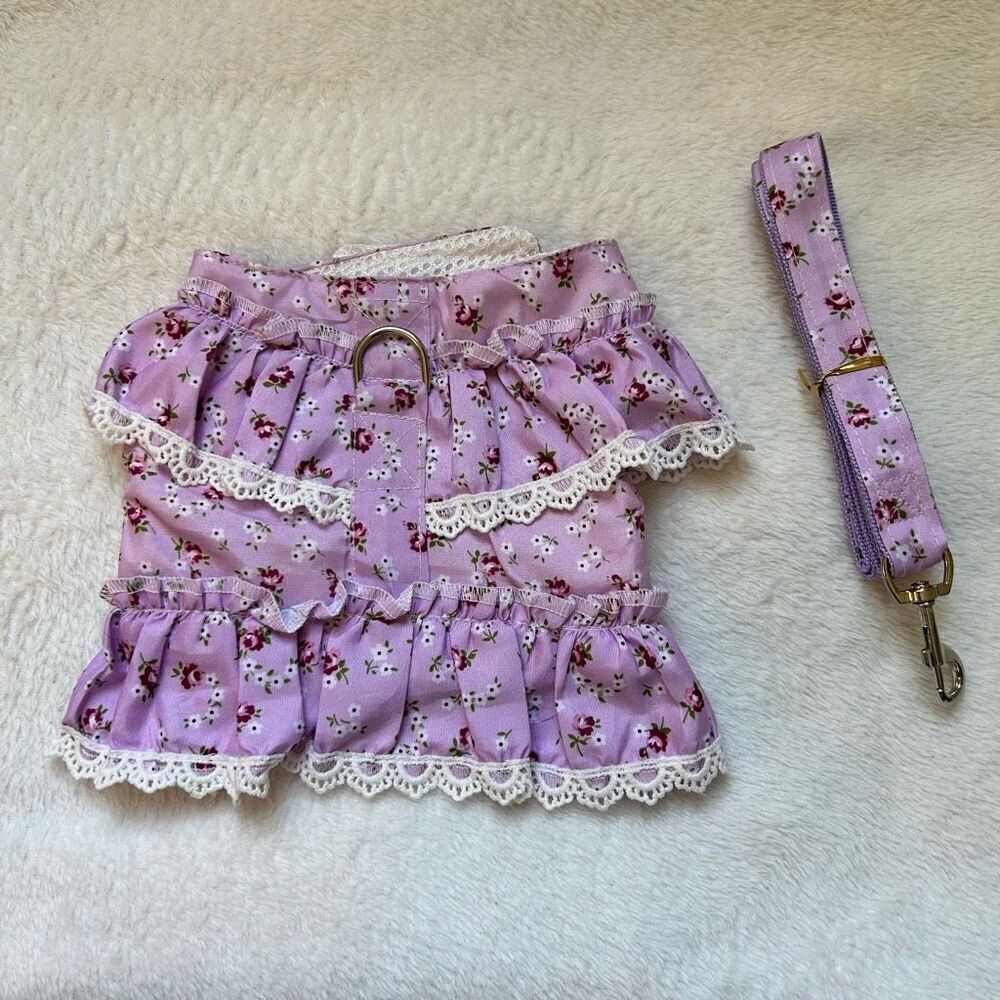 Vintage Floral Dog Dress with Leash Dog Harness Dress Leash Set Puppy Cat Rabbit